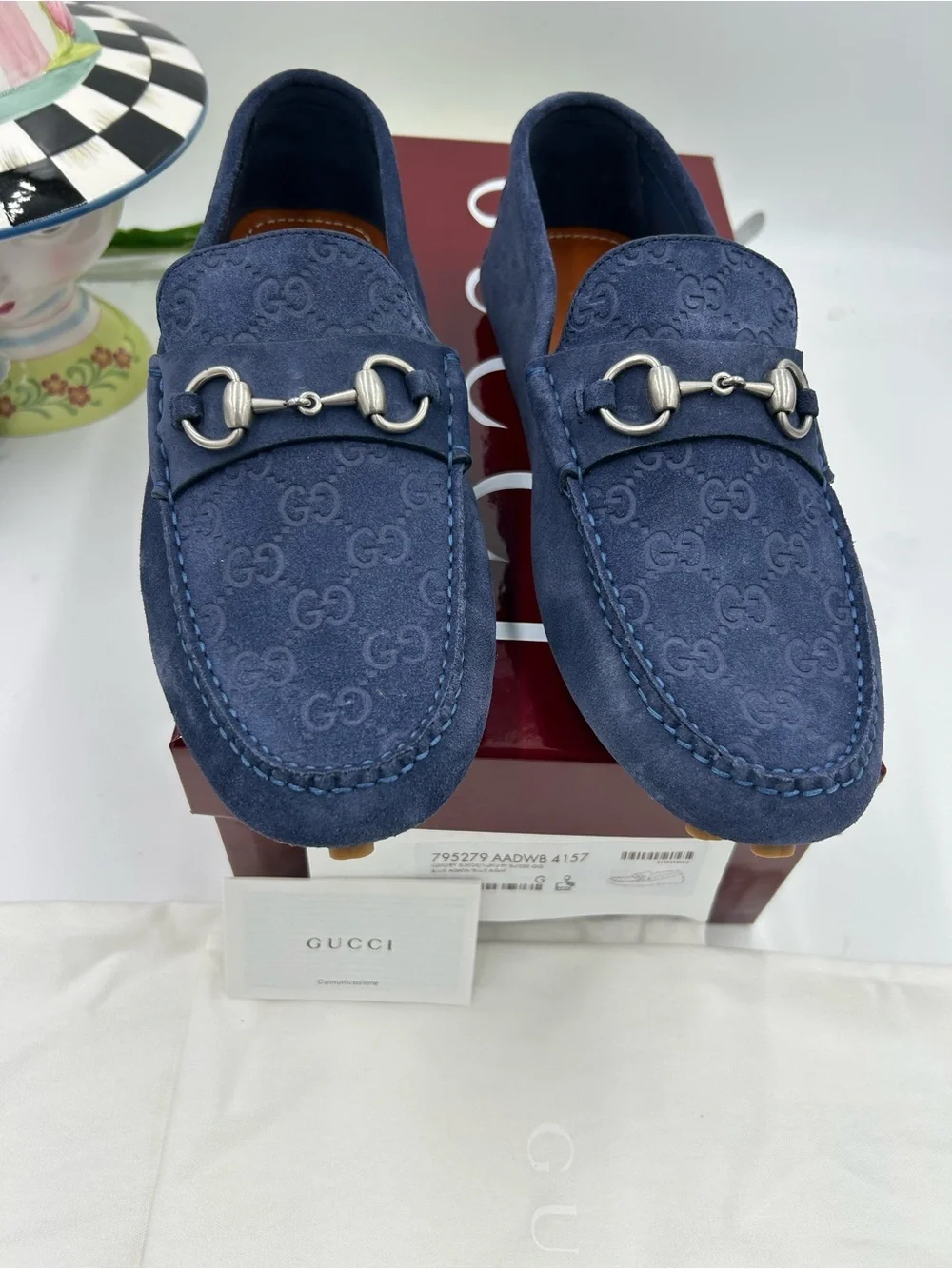 Men's Gucci GG embossed blue suede driver loafers size 9 fits 10 US made Italy